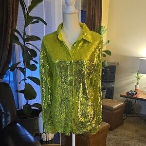 AKIRA Shimmering Lime Sequin Button-Down Shirt